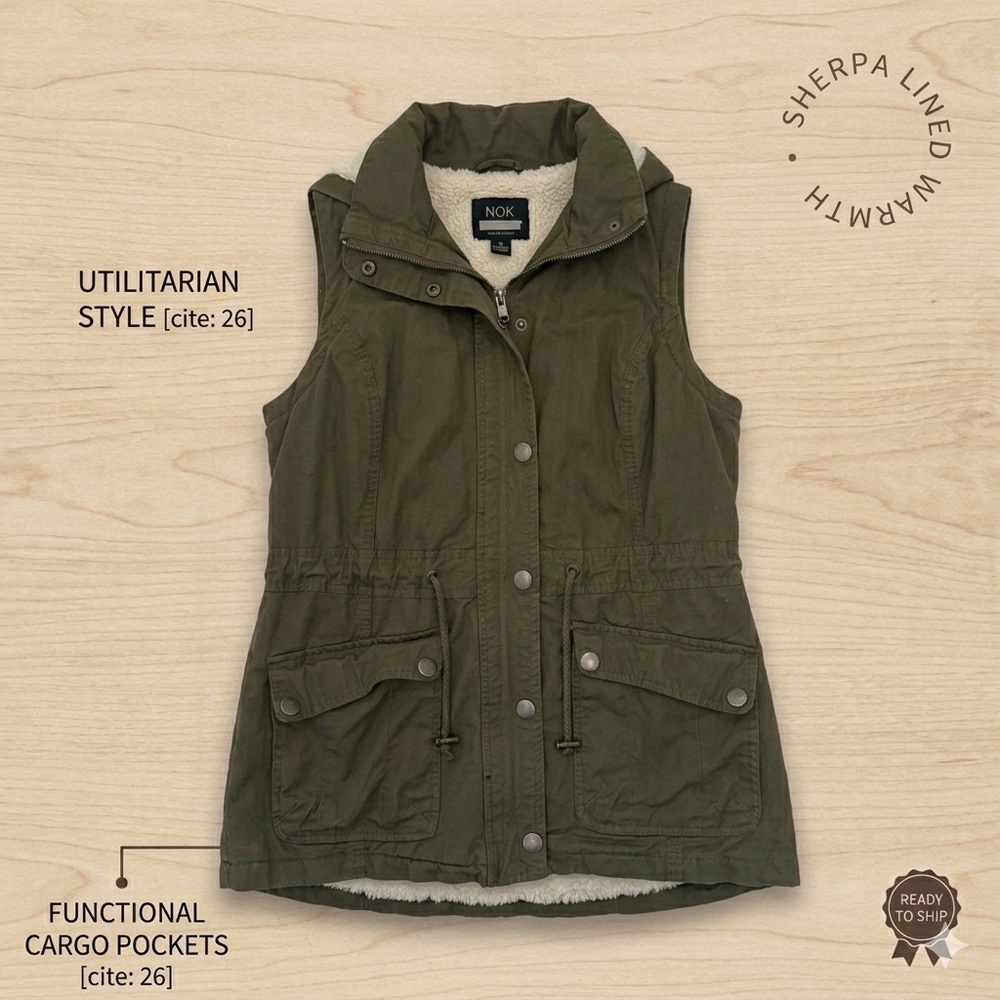 NOK Army Green Hooded Vest 100% Cotton Faux Fur L